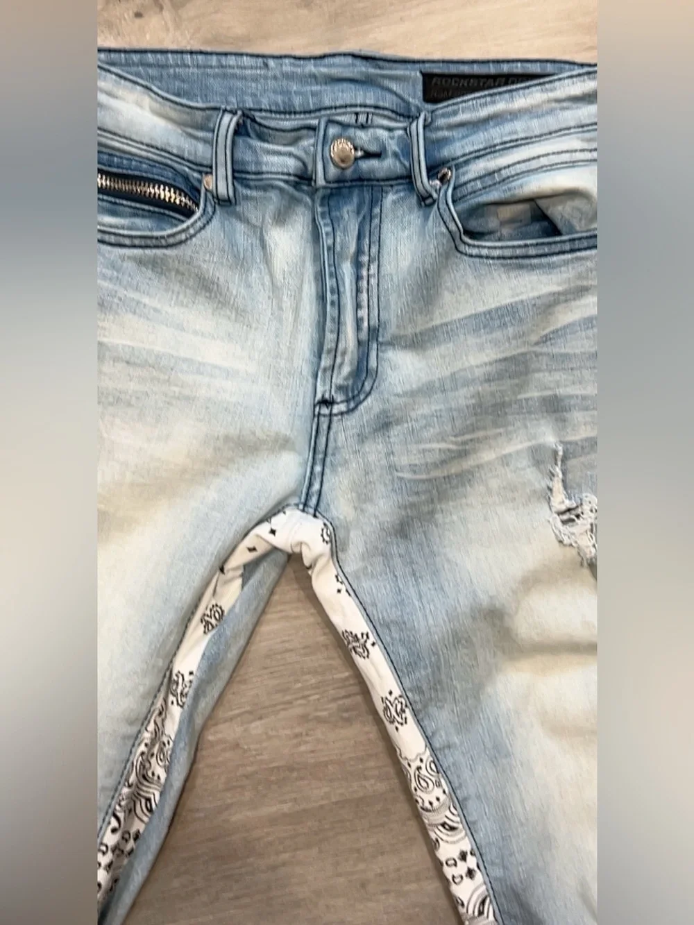 Rockstar Original Mens Bandana Flare Jeans Light Wash Distressed Blue 30x31.5